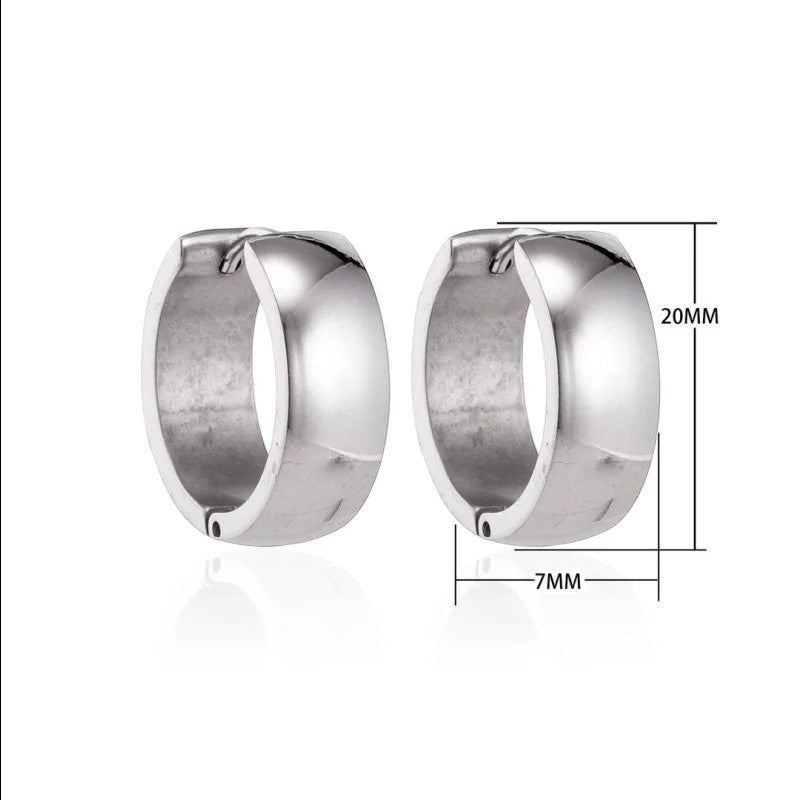 Aramat Jewels silver-colored stainless steel hoop earrings, 20mm diameter, 7mm width. Unisex design.
