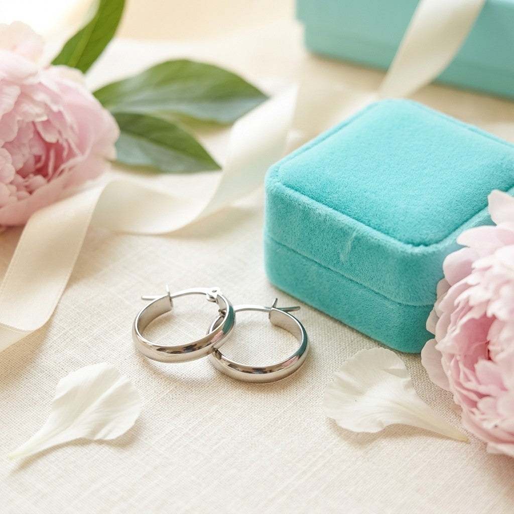 Aramat Jewels silver-tone stainless steel hoop earrings, 20mm diameter, smooth polished finish, with a turquoise jewelry box and pink peonies.
