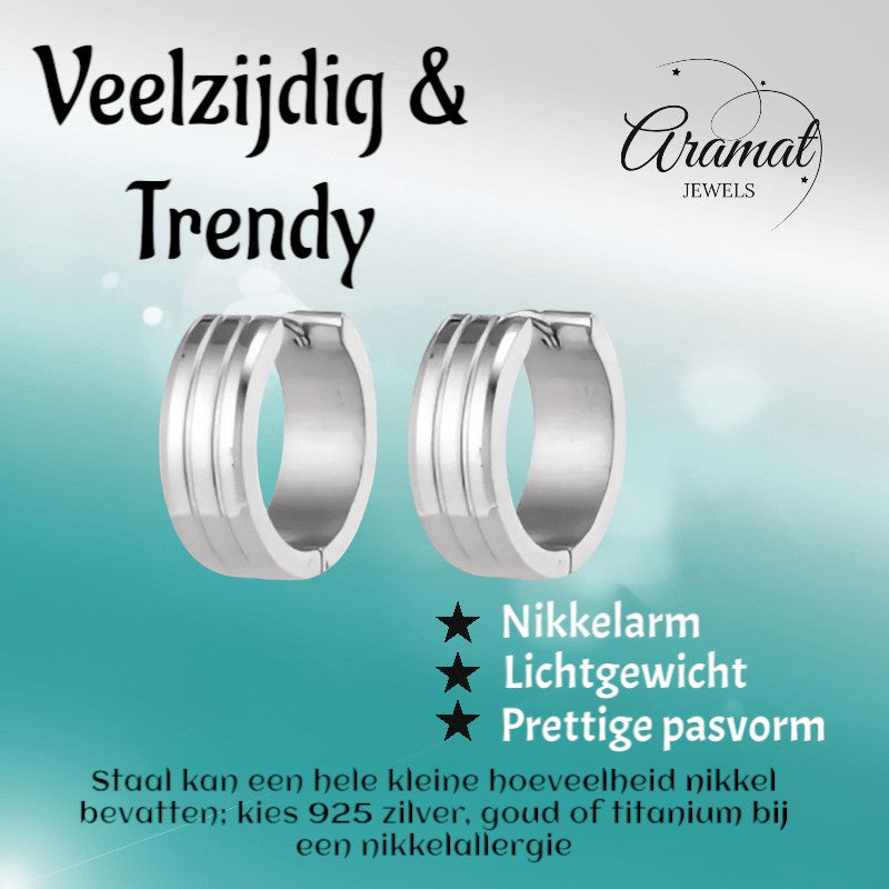 Aramat Jewels silver-tone stainless steel hoop earrings with three raised stripes, 20mm diameter, unisex design.