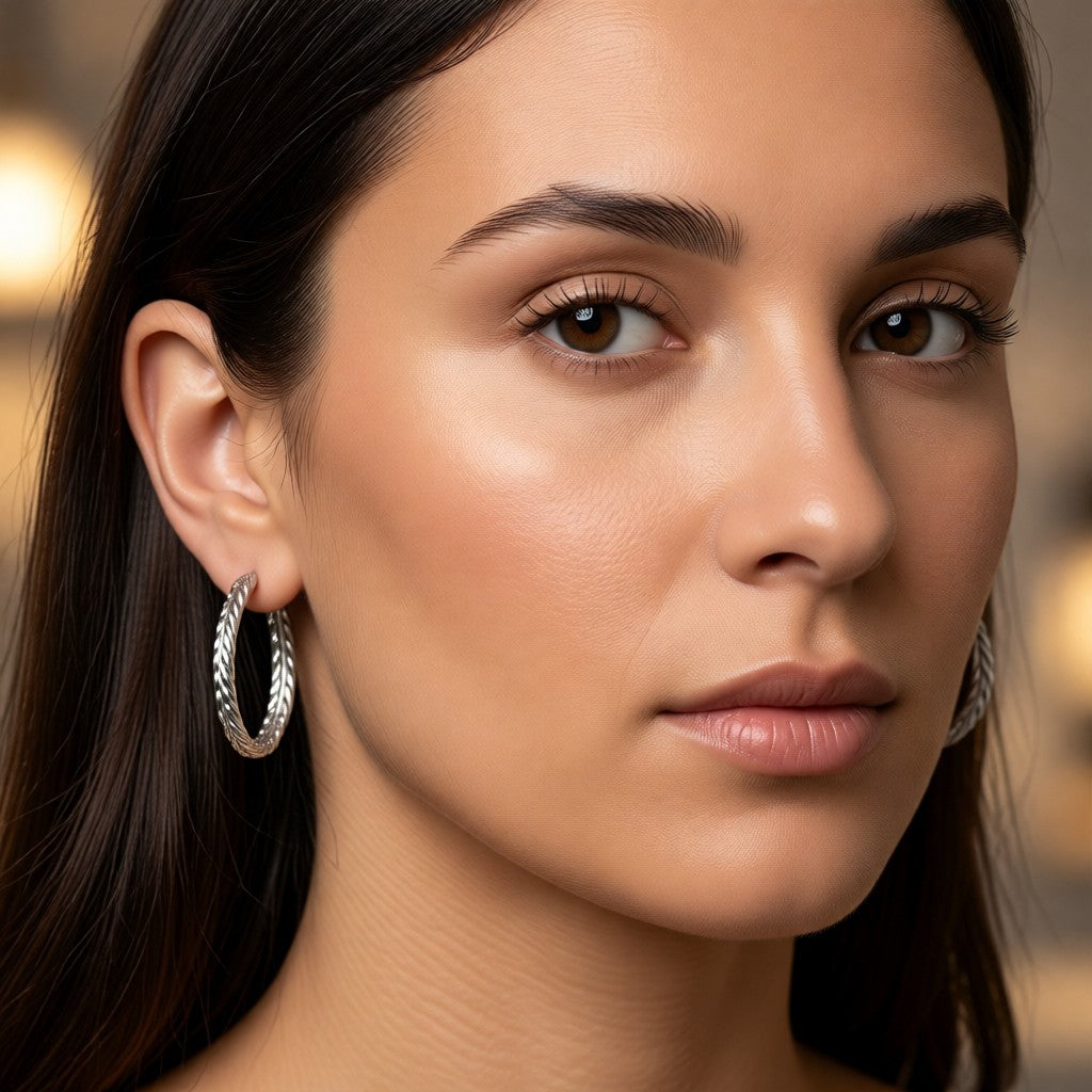 Aramat Jewels silver stainless steel hoop earrings with a 35mm diameter and braided link design.