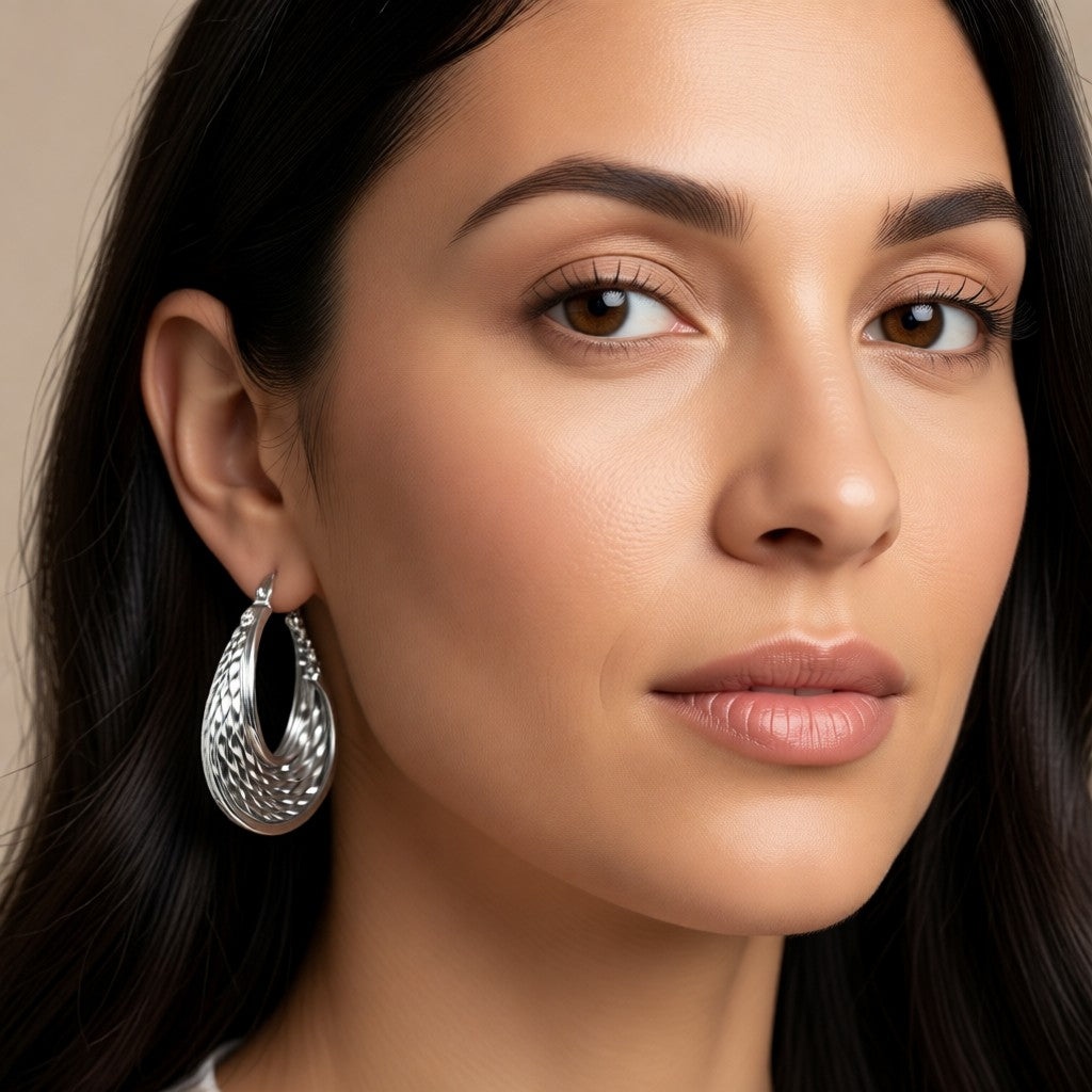 Aramat Jewels silver-tone stainless steel hoop earrings with a 6-in-1 design, featuring textured and smooth rings.