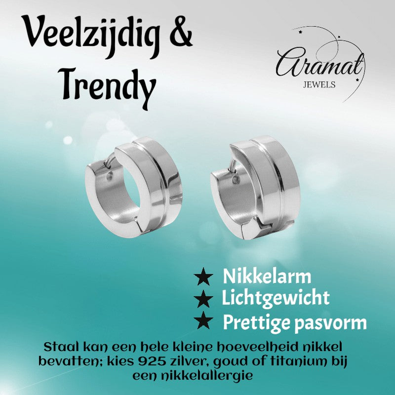 Aramat Jewels silver-tone stainless steel huggie hoop earrings with a subtle striped accent, 13x7mm.