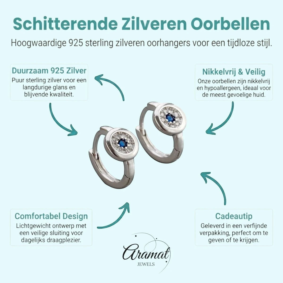Aramat Jewels silver hoop earrings with blue and clear cubic zirconia, 12mm diameter, hypoallergenic and nickel-free.