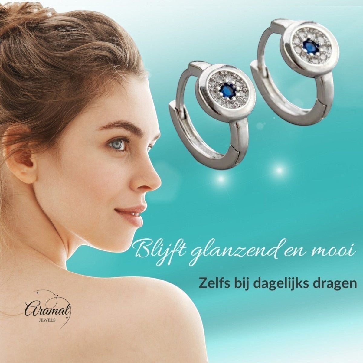 Aramat Jewels silver hoop earrings with blue and clear cubic zirconia, 12mm diameter, displayed on a model.