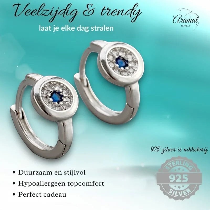 Aramat Jewels sterling silver hoop earrings with blue and clear cubic zirconia, 12mm diameter.