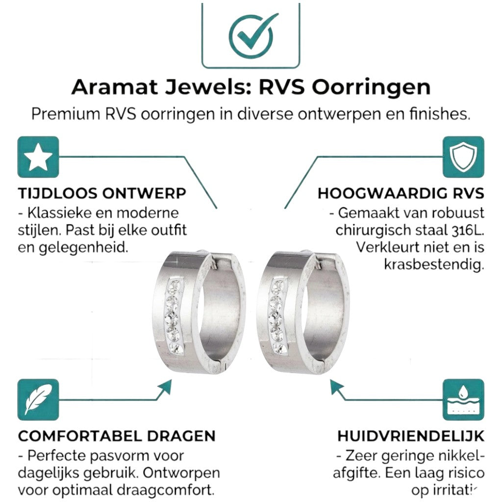 Aramat Jewels silver-tone stainless steel hoop earrings with a stripe of clear crystals, 20mm diameter.