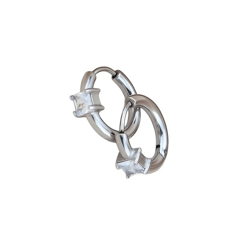 Aramat Jewels silver-tone stainless steel hoop earrings with square clear cubic zirconia.