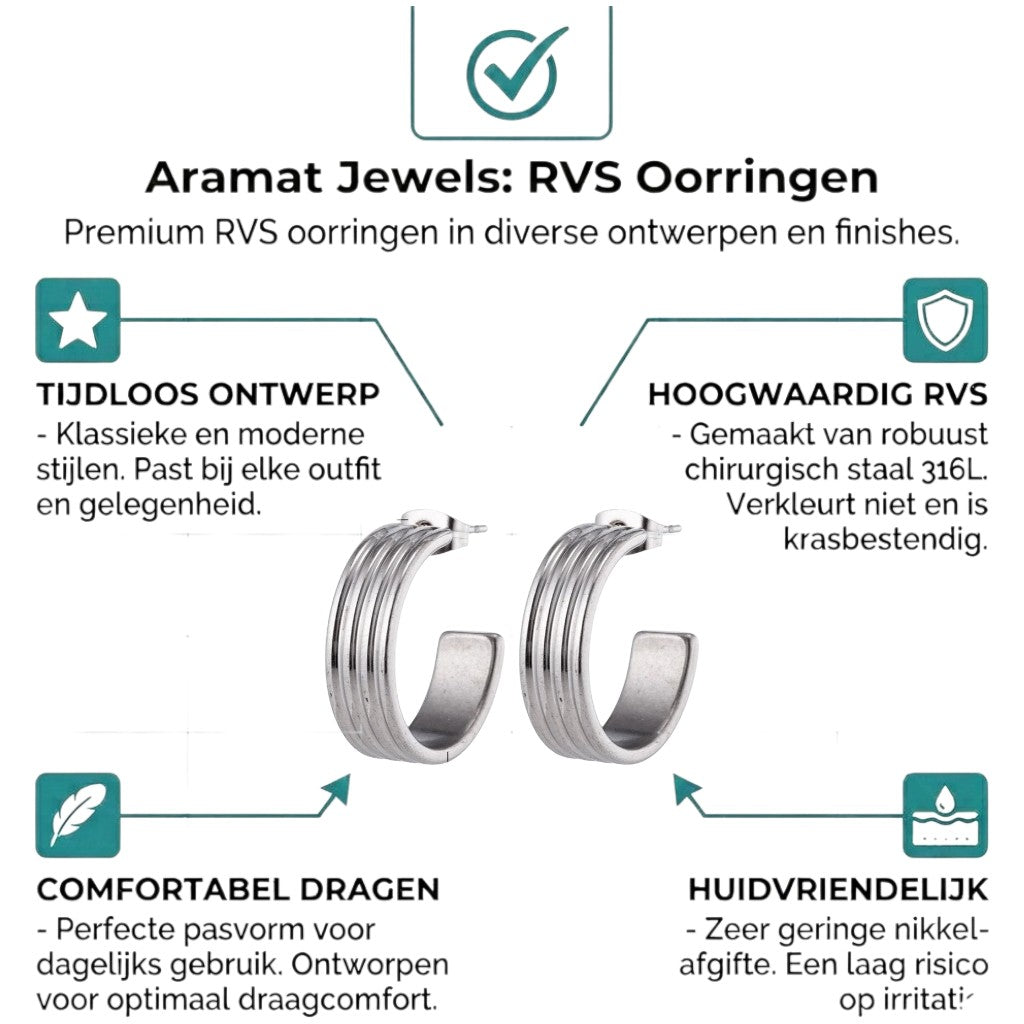 Aramat Jewels silver stainless steel hoop earrings with four vertical lines, 23mm diameter, 7mm width.