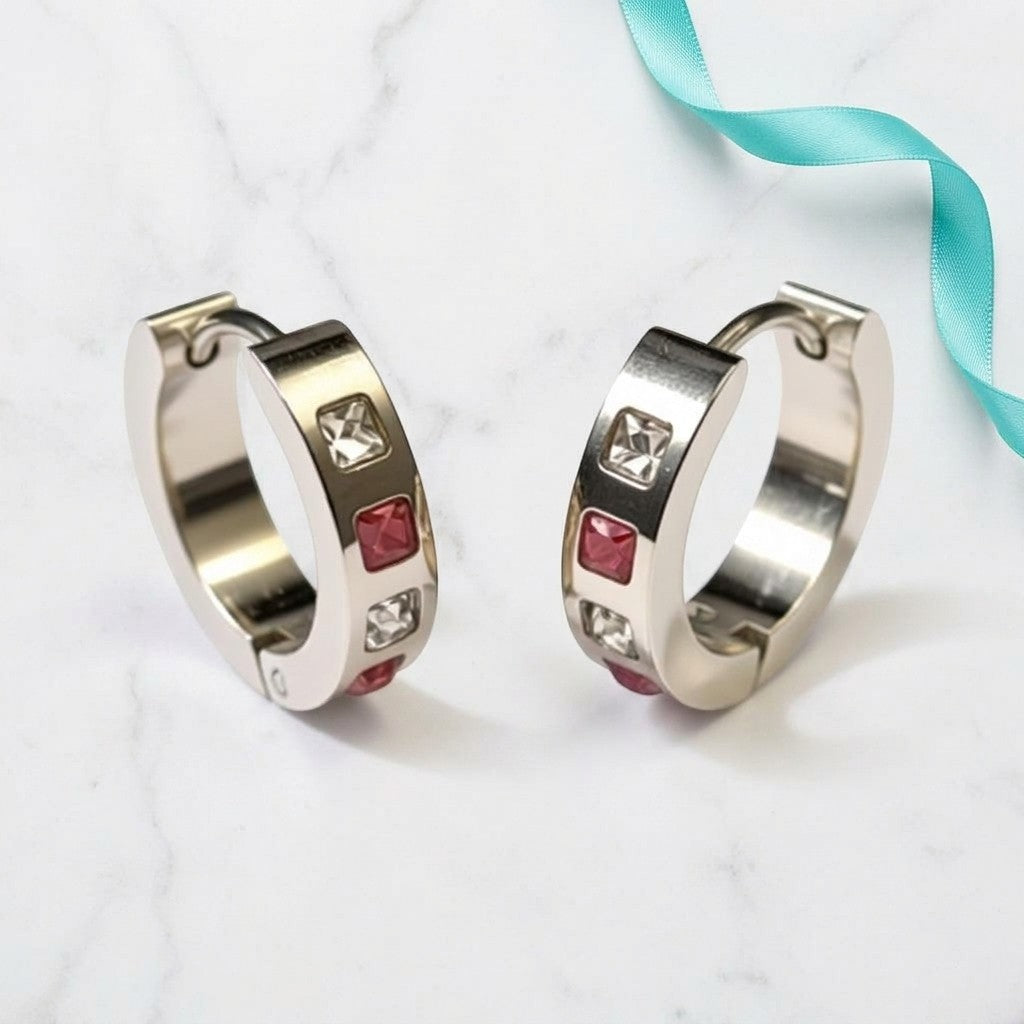 Aramat Jewels silver-tone stainless steel hoop earrings with pink and clear cubic zirconia stones, 17mm diameter.