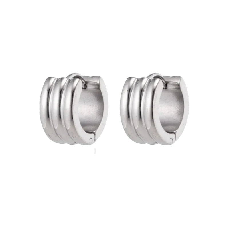 Aramat Jewels wide silver-tone stainless steel hoop earrings with ribbed detail, 13x7mm.