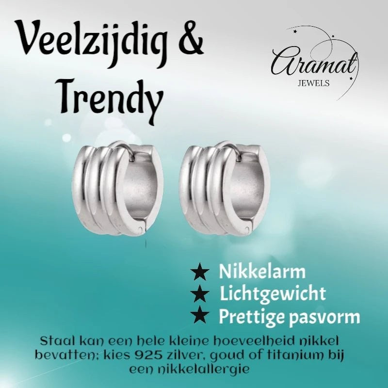 Aramat Jewels silver-colored stainless steel hoop earrings with ribbed detail, 13x7mm, unisex design.