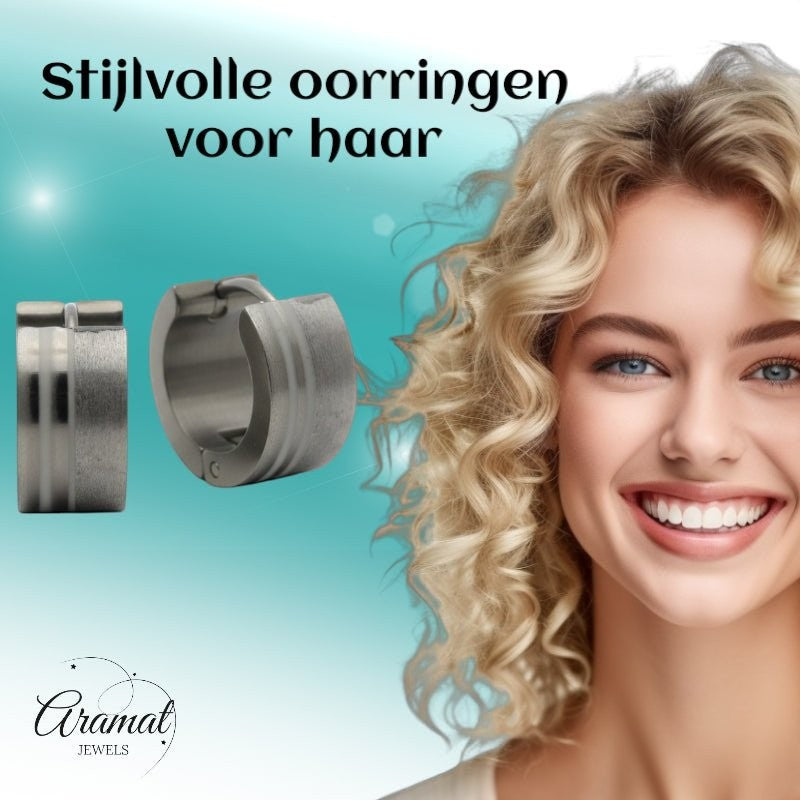 Aramat Jewels silver-tone stainless steel hoop earrings with sandblasted and polished stripes, 13mm