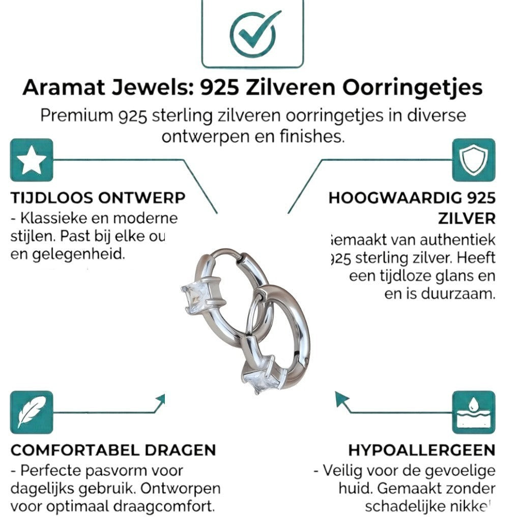 Aramat Jewels silver-tone stainless steel hoop earrings with square clear cubic zirconia stones.