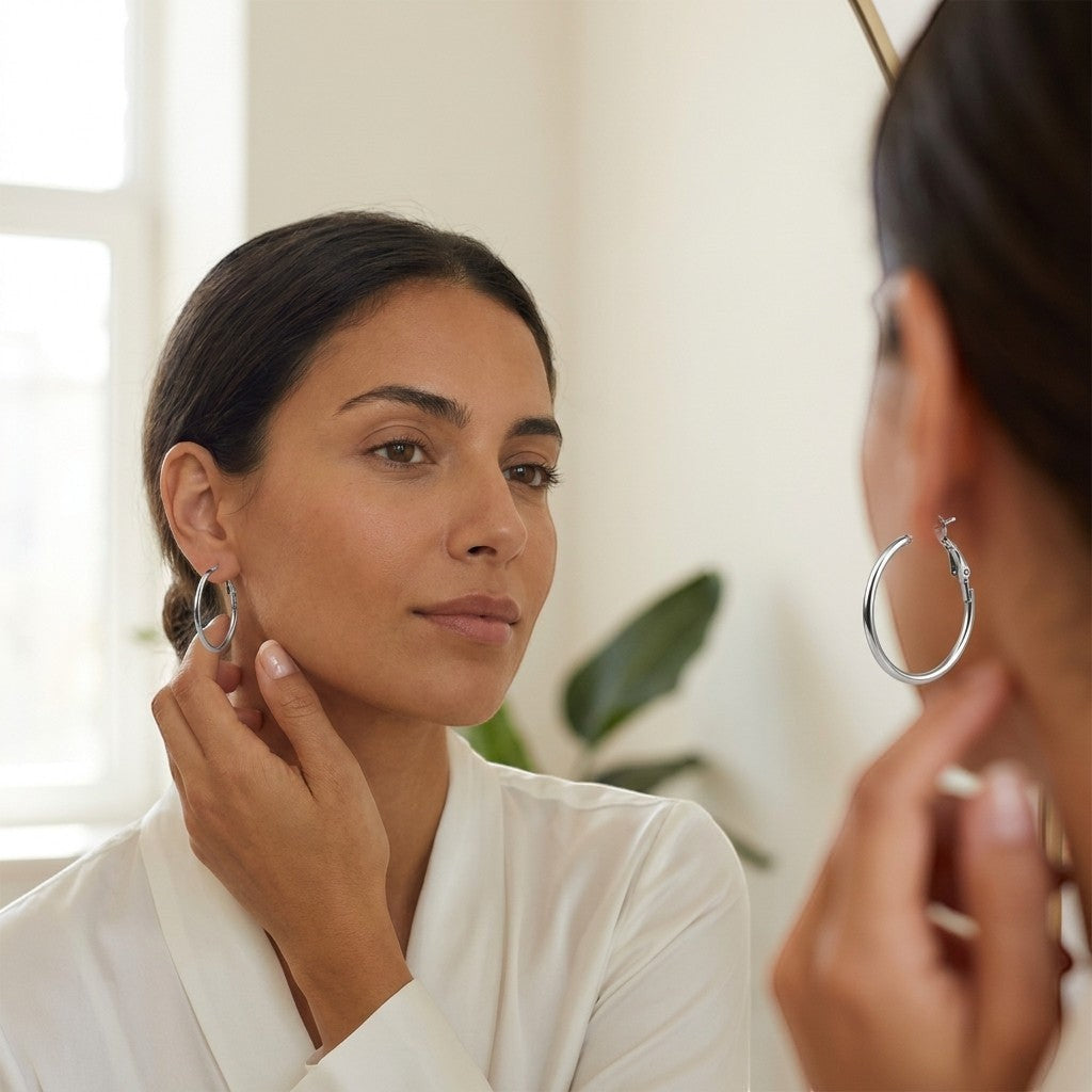 Aramat Jewels silver stainless steel hoop earrings on a woman looking in a mirror.