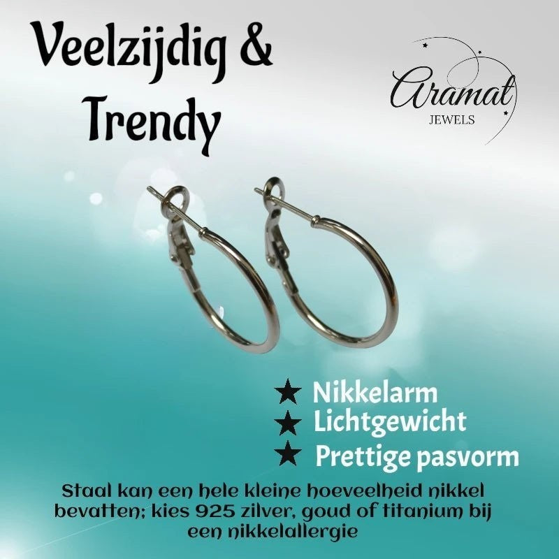 Aramat Jewels silver-colored stainless steel hoop earrings, classic design, high gloss finish, available in multiple sizes.