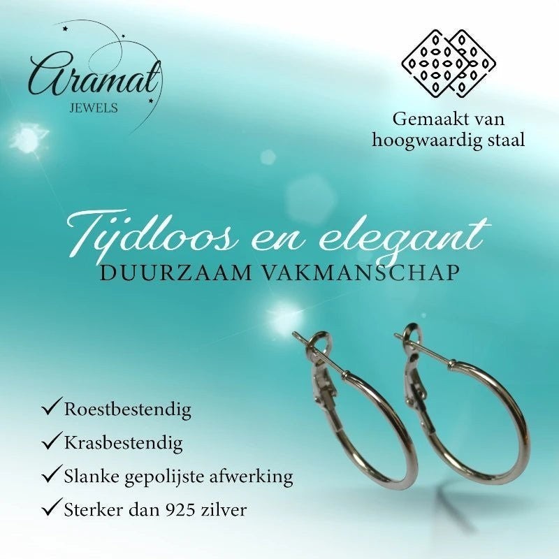 Aramat Jewels silver-colored stainless steel hoop earrings with a high-gloss finish. Classic, timeless, and durable.