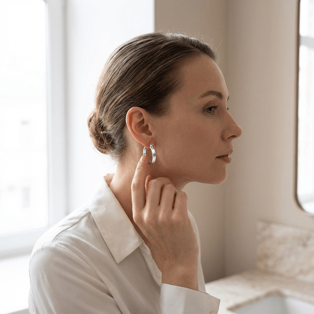 Aramat Jewels silver stainless steel hoop earrings with a subtle stripe motif, 20mm diameter, worn by a woman.