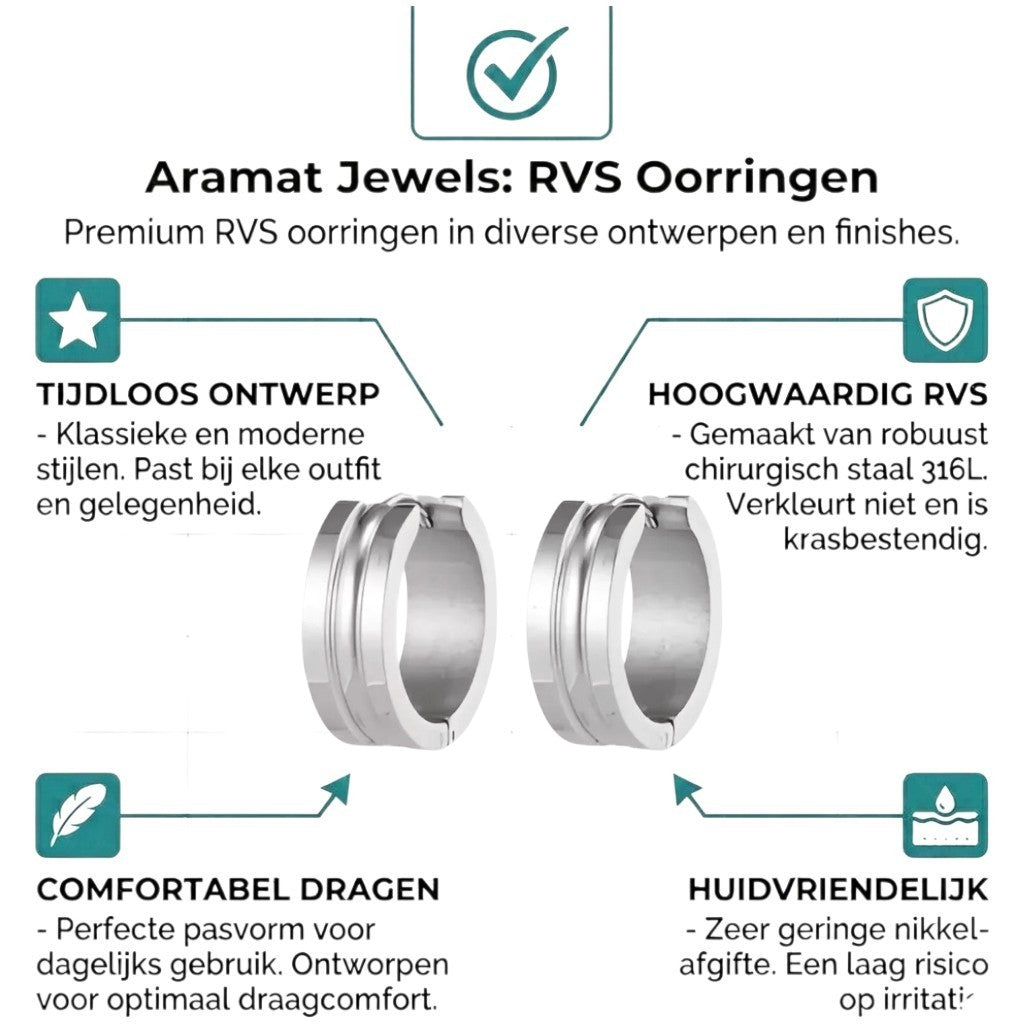 Aramat Jewels silver-colored stainless steel hoop earrings with a dynamic stripe design, 19mm diameter, 7mm width.