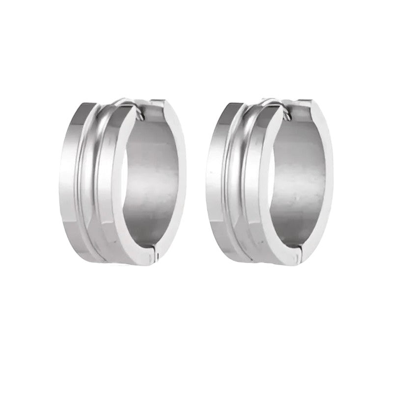 Aramat Jewels silver-colored stainless steel hoop earrings with a dynamic stripe design, 19mm diameter, 7mm width.