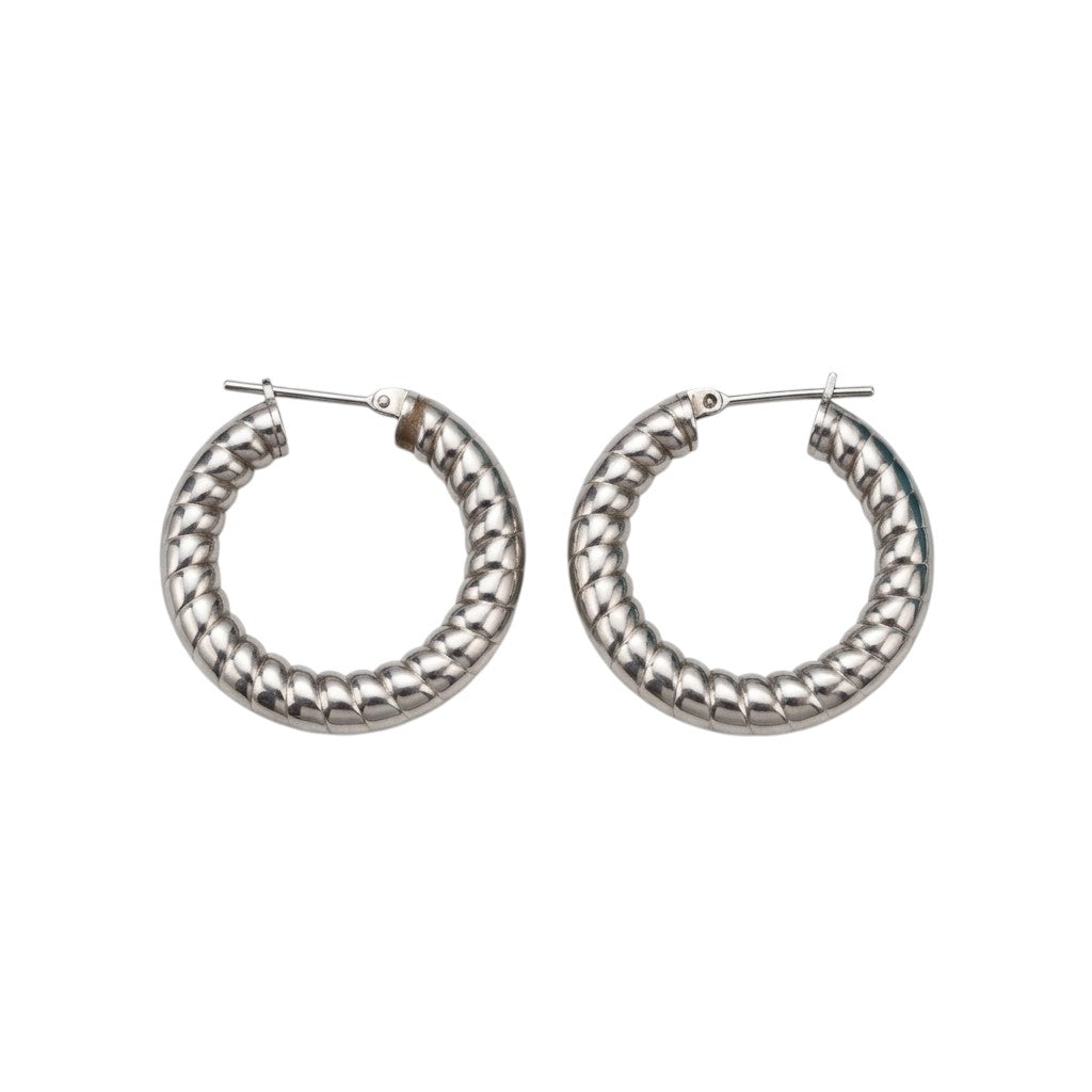 Aramat Jewels silver-colored hollow hoop earrings with a textured stripe motif, 30mm diameter, made of stainless steel.