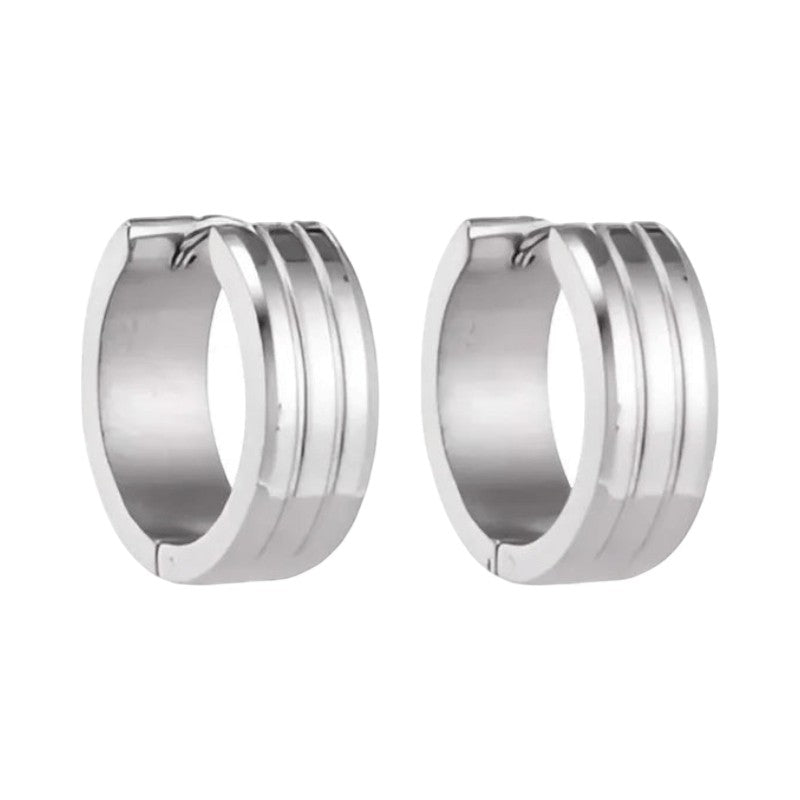 Aramat Jewels silver-tone stainless steel hoop earrings with three raised stripes, 20mm diameter.
