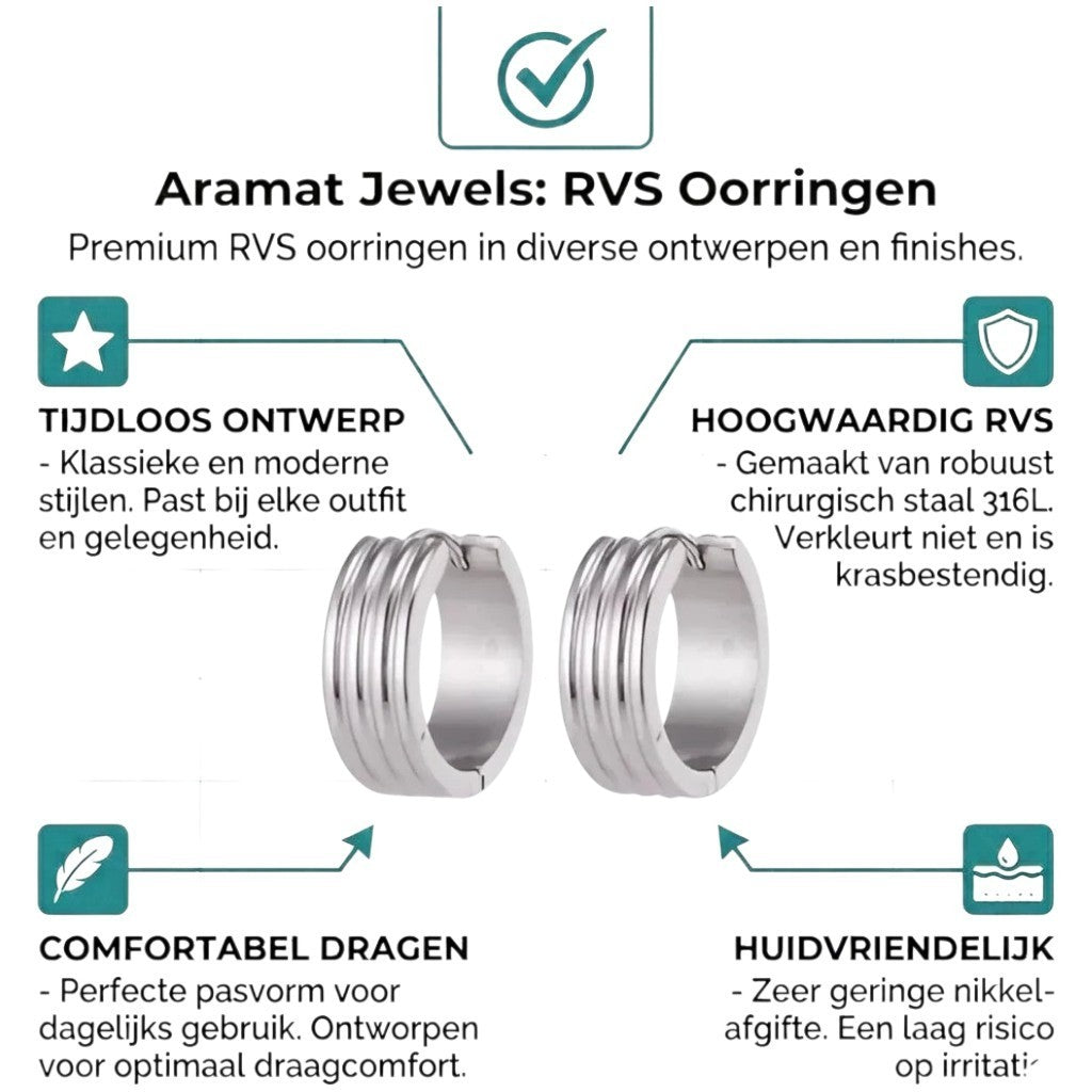 Aramat Jewels silver-tone stainless steel hoop earrings with three ribbed stripes, available in 13mm and 20mm diameters.