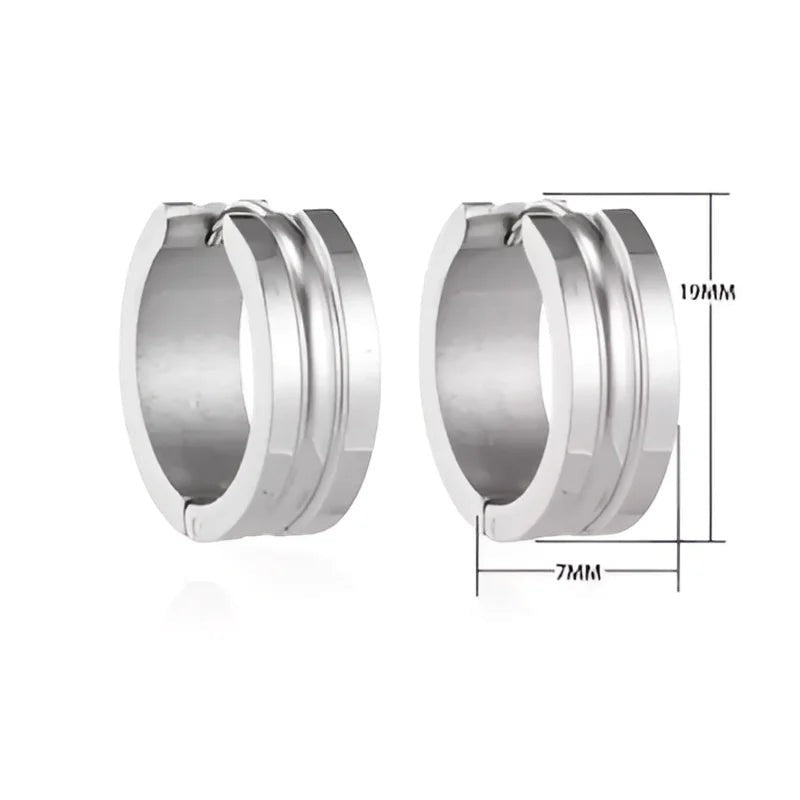 Aramat Jewels silver stainless steel hoop earrings with dynamic stripe design, 19mm diameter, 7mm width.