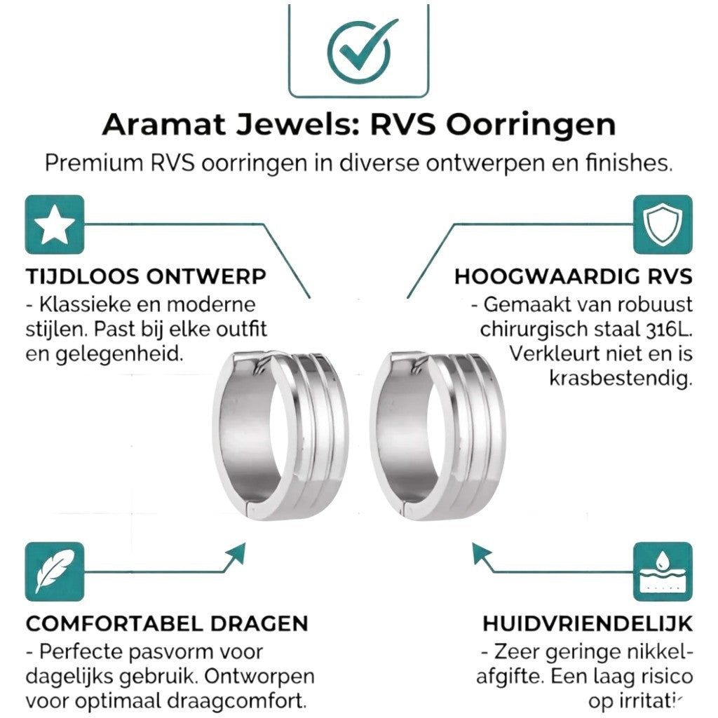 Aramat Jewels silver-tone stainless steel hoop earrings with three raised stripes, 20mm diameter.