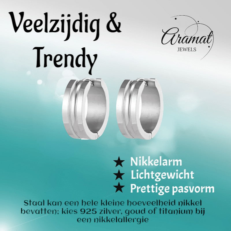 Aramat Jewels silver-colored stainless steel hoop earrings with a dynamic stripe design, 19mm diameter, 7mm width, and a polished finish.