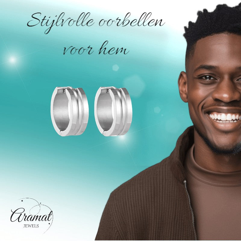 Aramat Jewels silver-colored stainless steel hoop earrings with dynamic stripe design, 19mm diameter, 7mm width.