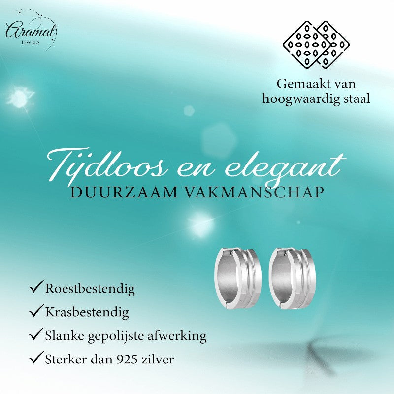 Aramat Jewels silver-colored stainless steel hoop earrings with a dynamic stripe design and polished finish.
