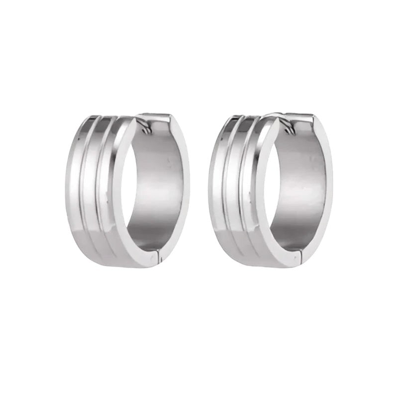 Aramat Jewels silver-tone stainless steel hoop earrings with three raised stripes, 20mm diameter.