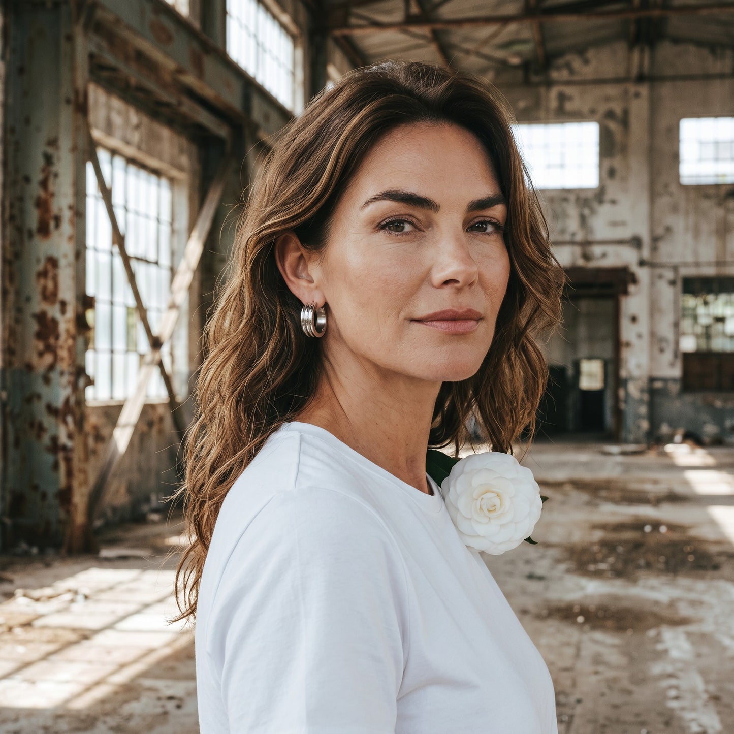 Aramat Jewels silver-tone stainless steel hoop earrings with three subtle vertical stripes, available in 13mm and 20mm diameters.