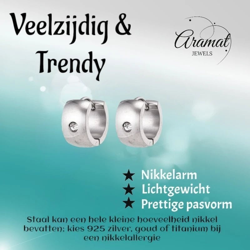 Aramat Jewels silver-colored wide stainless steel hoop earrings with a single clear cubic zirconia stone. Unisex design.