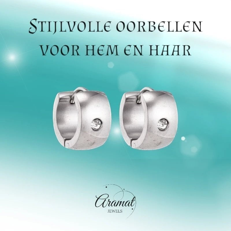 Aramat Jewels silver-coloured wide stainless steel hoop earrings with a clear zirconia stone, unisex design.