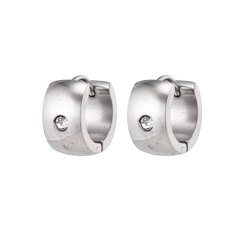 Aramat Jewels silver-colored wide stainless steel hoop earrings with a clear cubic zirconia stone.