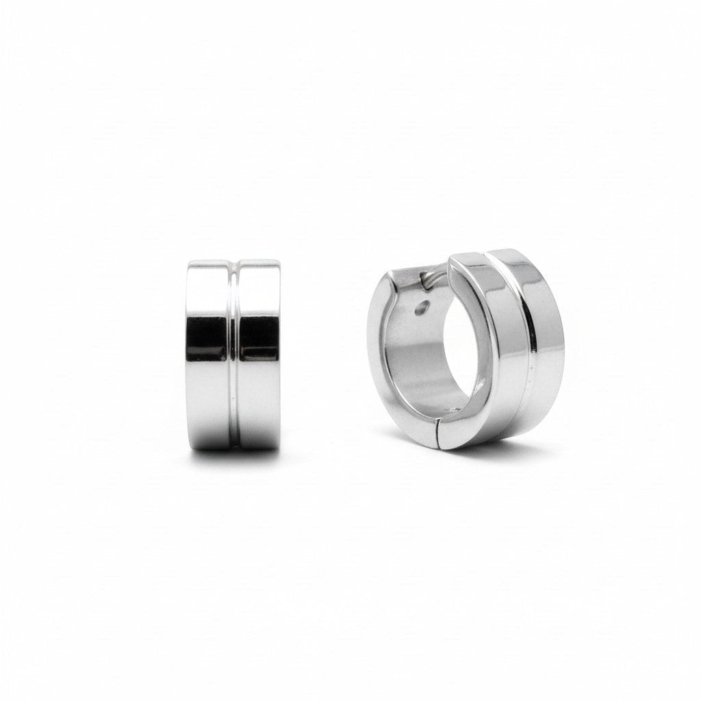 Aramat Jewels silver-tone stainless steel huggie hoop earrings, 13x7mm, with a subtle double-line accent.