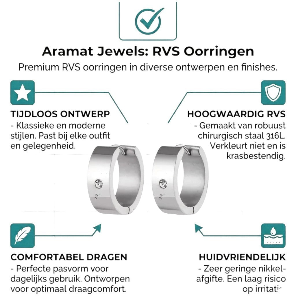 Aramat Jewels wide silver-tone huggie hoop earrings, 20x7mm, with a single clear crystal accent. Unisex design with a hinge closure.