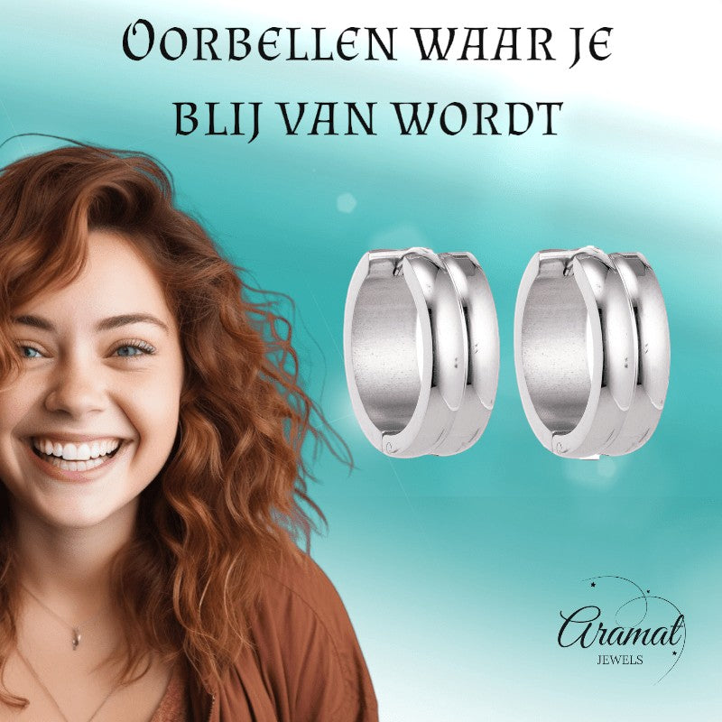 Aramat Jewels unisex silver-tone stainless steel huggie hoop earrings with double stripe detail, 20mm diameter.