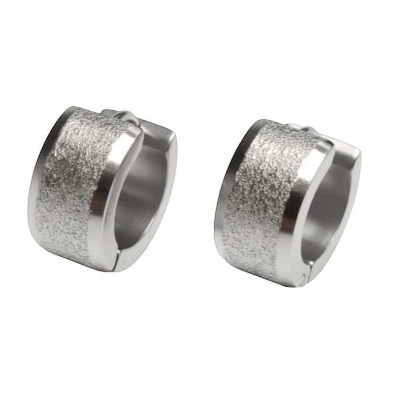 Aramat Jewels sandblasted silver-tone stainless steel huggie hoop earrings, 13mm, with a matte textured band.
