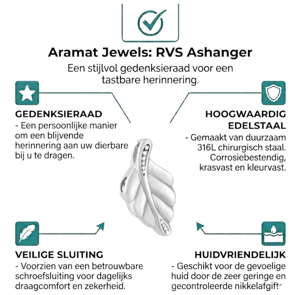 Aramat Jewels silver-colored stainless steel leaf-shaped ash pendant with beaded detailing.