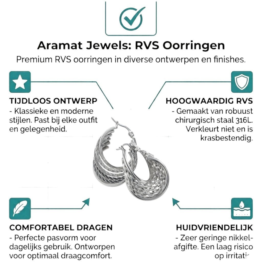 Aramat Jewels silver-tone stainless steel hoop earrings with a 6-in-1 design, featuring textured and smooth bands.