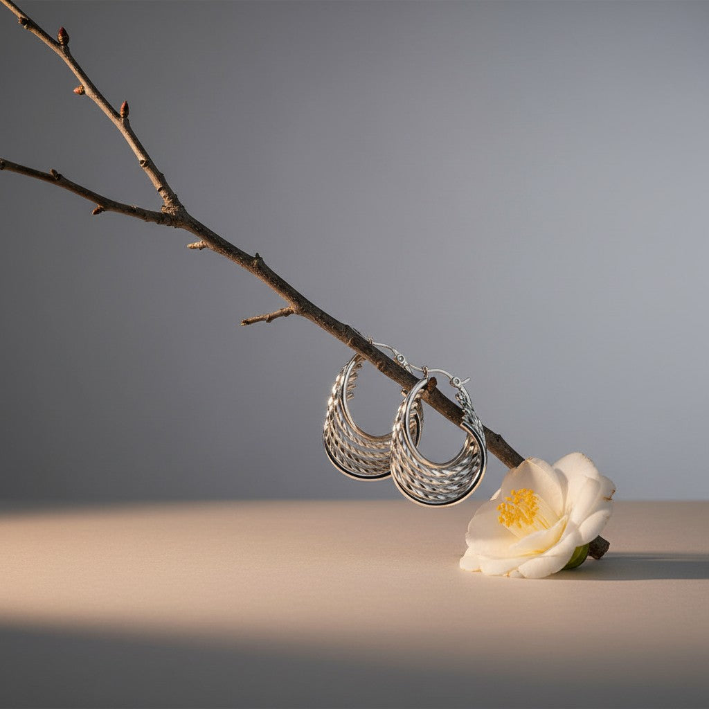 Aramat Jewels silver-tone stainless steel hoop earrings with a 6-in-1 layered design, featuring a mix of textured and smooth bands.