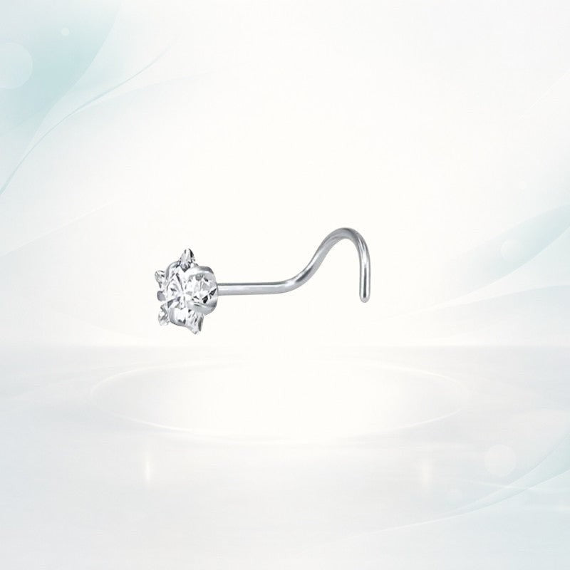 Aramat Jewels silver-colored steel nose piercing with a clear cubic zirconia stone and S-shaped hook.