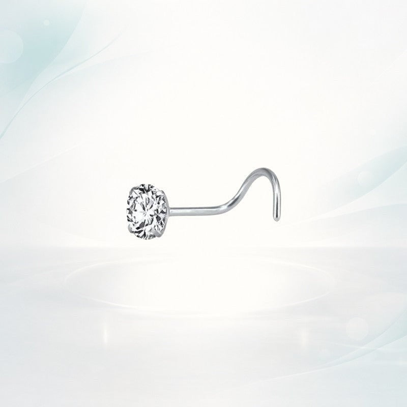 Aramat Jewels silver-tone steel nose piercing with a clear cubic zirconia stone and an S-curve post.