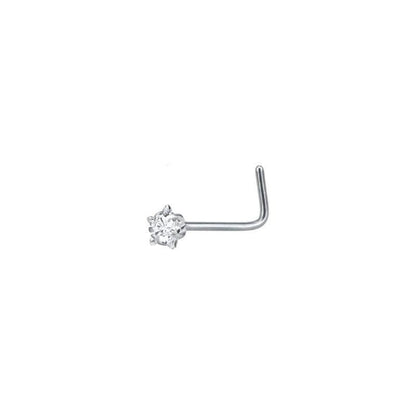 Aramat Jewels silver-tone L-shaped nose studs with clear cubic zirconia in round, heart, and star shapes.