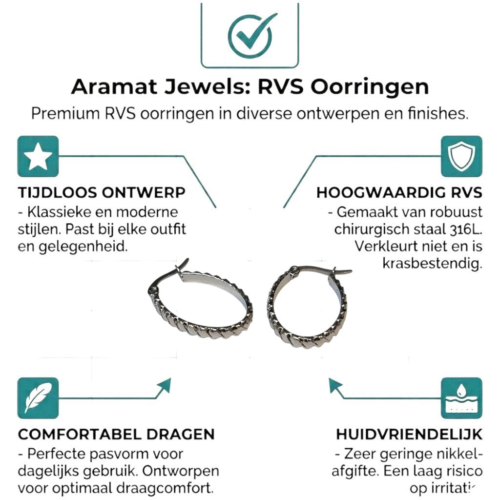 Aramat Jewels silver oval hoop earrings with diagonal stripe texture, 28mm diameter, made of stainless steel.