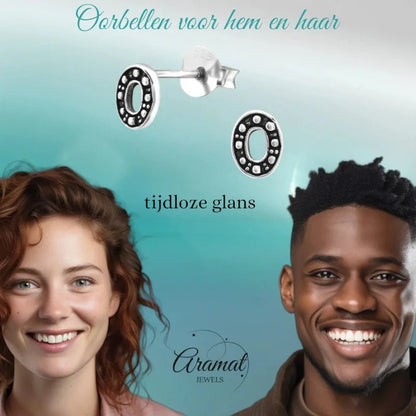 Aramat Jewels 925 sterling silver oval stud earrings with Bali-style beaded pattern and dark oxidized finish.