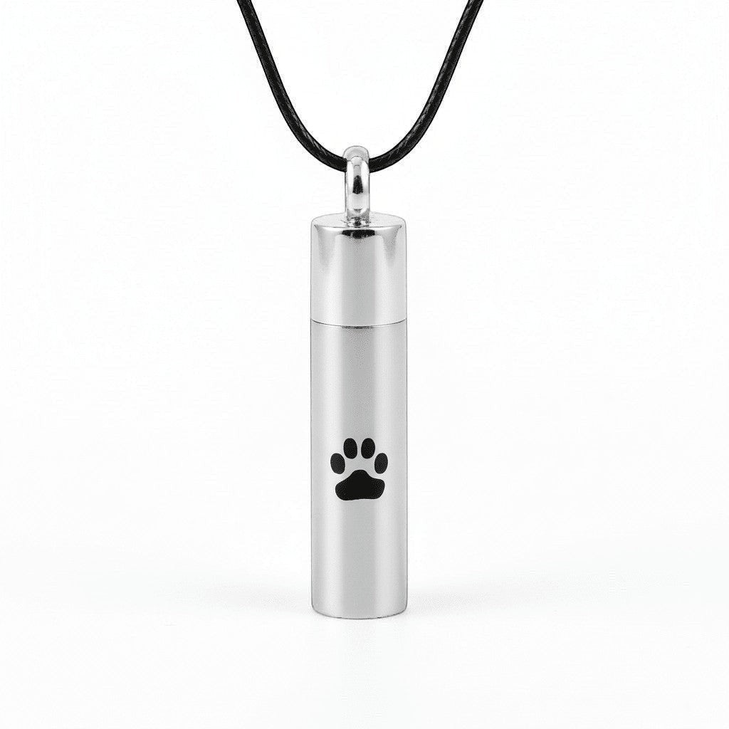 Aramat Jewels matte silver stainless steel cylinder cremation urn pendant with black paw print detail, 46mm.