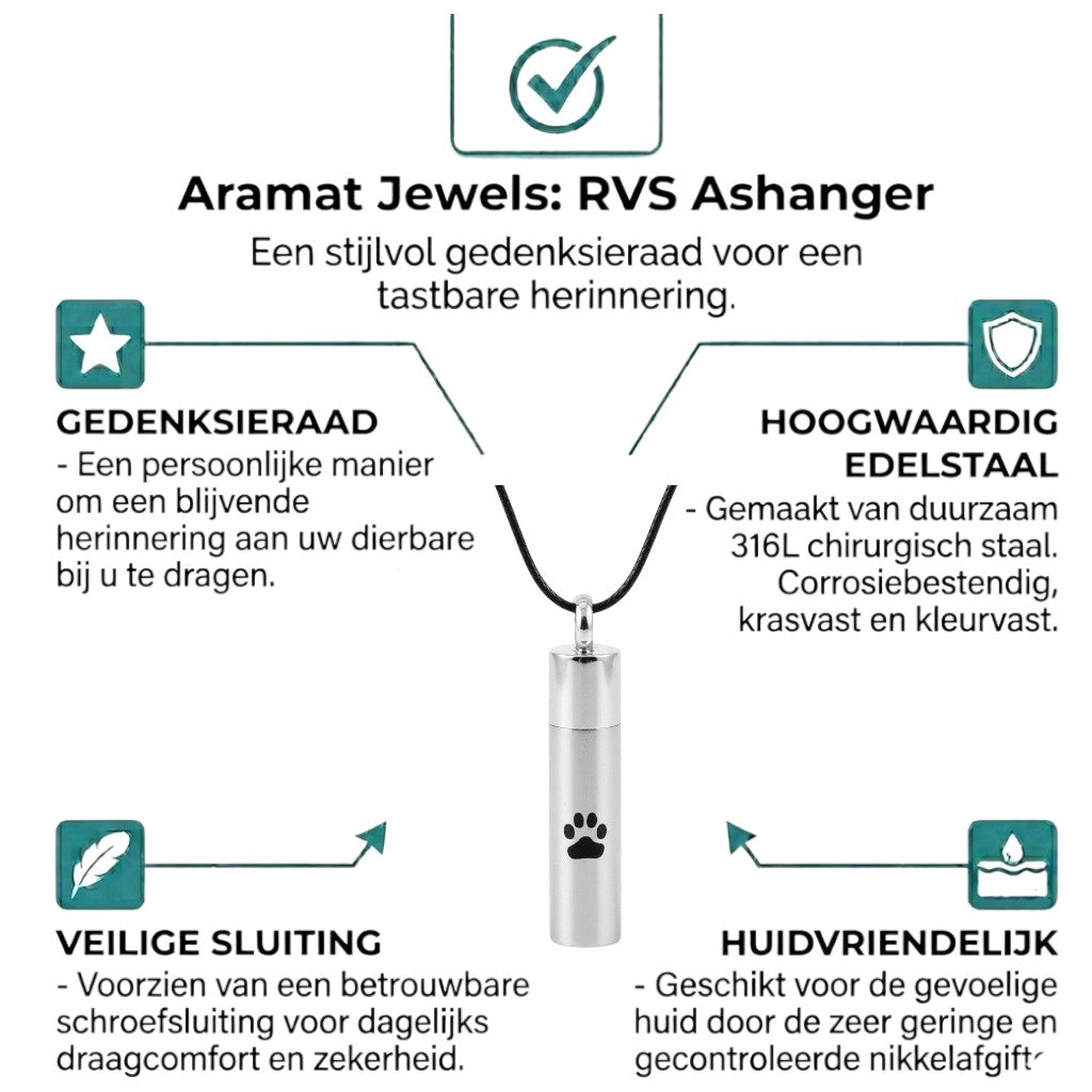 Aramat Jewels matte silver stainless steel cremation urn pendant with black paw print detail, 46mm tube shape.